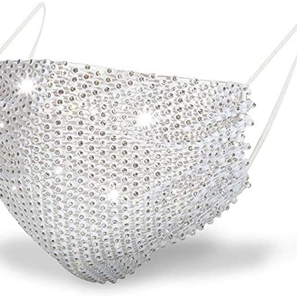 White Rhinestone Mesh Face Mask - Picture 2 of 9